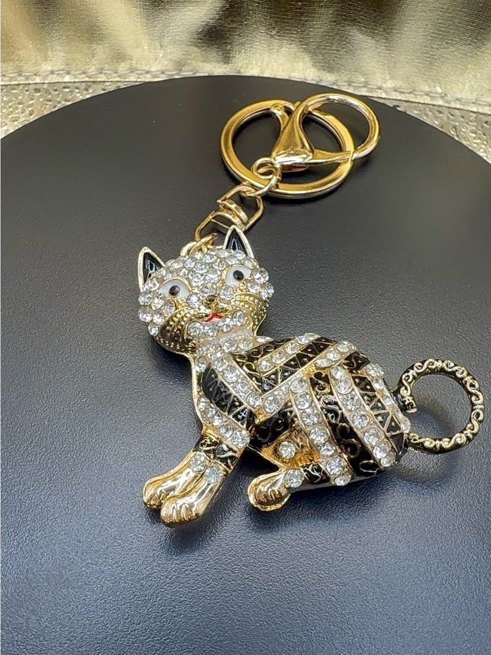 Gold Crystal Cat Keychain Charm - Elegant Cat Pendant